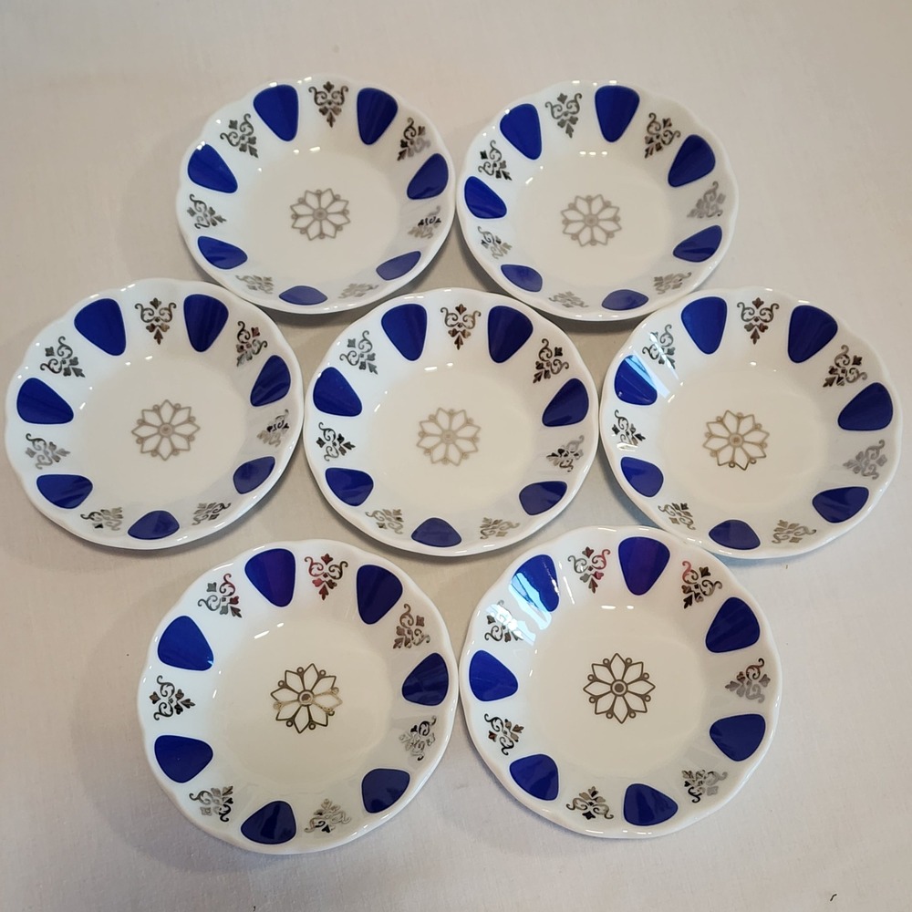 Gural Porselen Turkish Dipping plates Set of 7 White Cobalt Blue Gold Scalloped